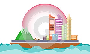 City on ship in the sea Concept conservation World environment. Icon Landscape geometric shape design flat scene design. Cityscap