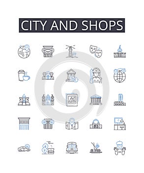 City and shops line icons collection. Express, Reliable, Punctual, Secure, Efficient, Timely, Professional vector and