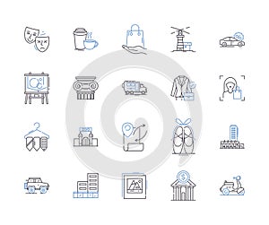 City and shops outline icons collection. City, Shops, Shopping, Marketplace, Outlets, Malls, Storefronts vector and