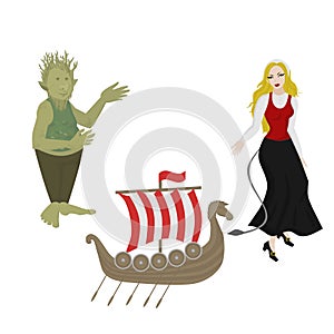 City sights icons. Norway landmark. Flat travel norwegian mythical elements. Viking ship. Girl in Traditional Clothes