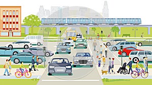 City silhouette with cars on the street crossing and pedestrians, illustration