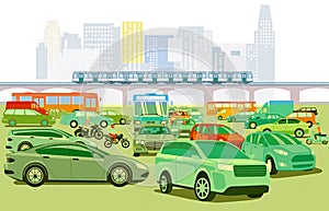 City silhouette of a city with traffic jam illustration