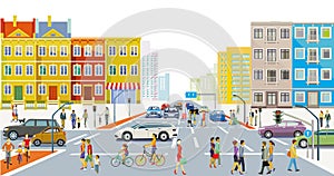 City silhouette of a city with traffic and people, illustration