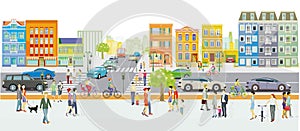 City silhouette of a city with traffic and people, illustration