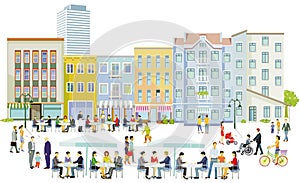City silhouette with groups of people having leisure time in residential district, illustration