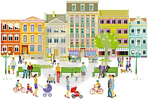 City silhouette with groups of people having leisure time in residential district, illustration