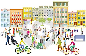 City silhouette with groups of people having leisure time in residential district, illustration