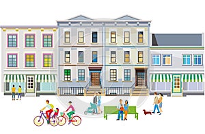 City silhouette with groups of people having leisure time in residential district, illustration