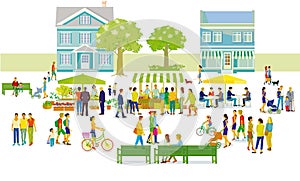 City silhouette with groups of people having leisure time in residential district, illustration