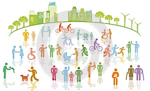 City silhouette with groups of people at leisure in the residential area, cut out - neutral background, pictogram illustration