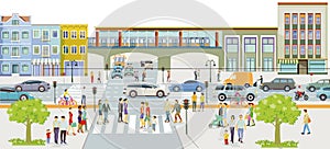 City silhouette with pedestrians and road traffic, at the train station, illustration