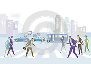 City silhouette with pedestrians on the zebra crossing, illustration