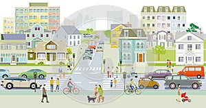 City silhouette with pedestrians on the zebra crossing, illustration