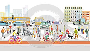 City silhouette with pedestrians on the zebra crossing and public transport and cyclists, illustration