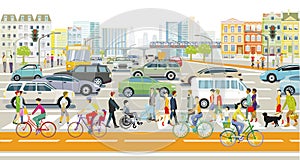 City silhouette with pedestrians on the zebra crossing and public transport and cyclists, illustration