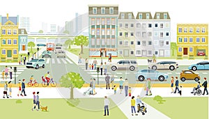 City silhouette with pedestrians on the zebra crossing and public transport and cyclists, illustration
