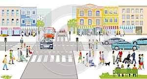 City silhouette with people on crosswalk, people in residential area, illustration