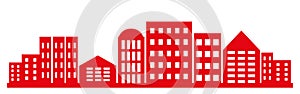 City silhouette. Red buildings with apartments. Real estate banner. Vector background.