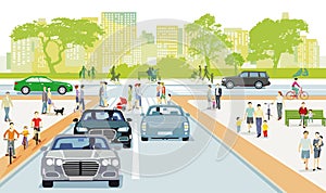 City silhouette with road traffic and pedestrians on the zebra crossing, illustration