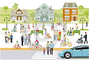 City silhouette in suburbia, with pedestrians in residential area and leisure activity, illustration