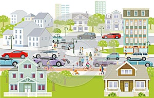 City silhouette in suburbia, with pedestrians in residential area and leisure activity, illustration