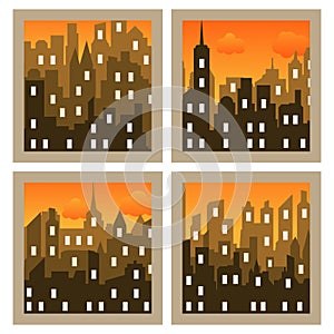 City silhouette at sunset. City silhouette in yellow and light colors with a glow in the sky