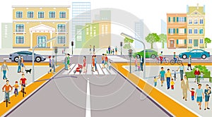 City silhouette of a city with traffic and persons, illustration