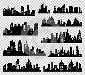 City silhouette vector set. Panorama background. Skyline urban border collection. Buildings with windows