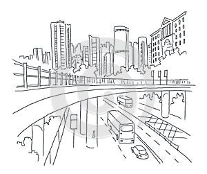 City sketch. Building architecture landscape panorama. Skyscrapers view. Street, road. Highway, transport. Hand drawn