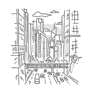 City sketch. Building architecture landscape panorama. Street, road skyscrapers view. Highway, transport. Hand drawn