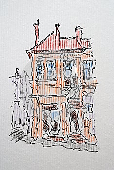 City sketch created with black ink and colored pencils. Color illustration