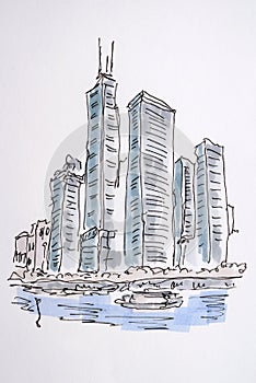 City sketch created with liner and markers. Color illustration