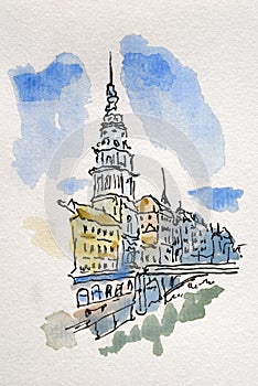 City sketch created with liner and watercolor. Color illustration