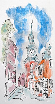 City sketch created with liner and watercolors. Color illustration