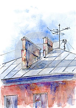 City sketch. House, roof and windows.Old town facade.