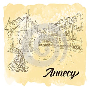 City sketching. Line art silhouette. Travel card with watercolor background. Tourism concept. France, Annecy. Vector illustration