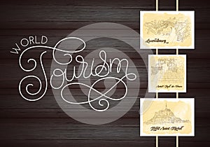 City sketching. Line art silhouette. Travel cards on wood background. World tourism lettering. Luxembourg. France, Saint-Paul-de-