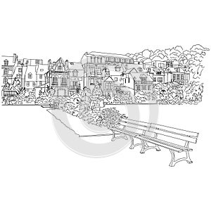 City sketching on white background. Honfleur, France.