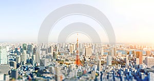 City skyline aerial view in tokyo, japan with miniature lens tilt shift blur effect