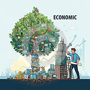 A city skyline and ascending graphs, suggesting progress and