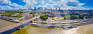 City skyline background. Aerial view of Warsaw capital city of Poland. From above, city view with night sky. Panorama of Warsaw