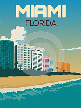 City skyline and beach in Miami Florida illustration vintage style concept for travel poster