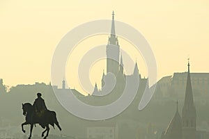City skyline of Budapest with silhouette of Matthias Church