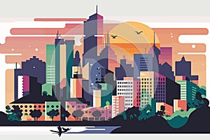 City skyline with buildings and skyscrapers. Vector illustration in flat style