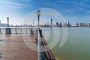 city skyline of business district downtown