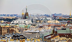 City skyline with the Church of Savior on Spilled Blood from the roof of Saint Isaac& x27;s Cathedral in Saint Petersburg, Russia