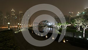 City skyline from Dubai Mall near Burj Khalifa by night