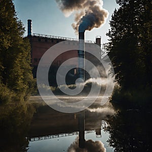 City Skyline Engulfed in Pollution Amidst Industrial Factory Emitting Smoke and Steam