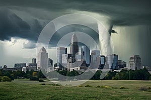 City skyline faces impending danger as tornado storm clouds loom