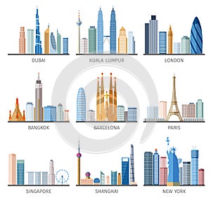 City skyline flat icons set